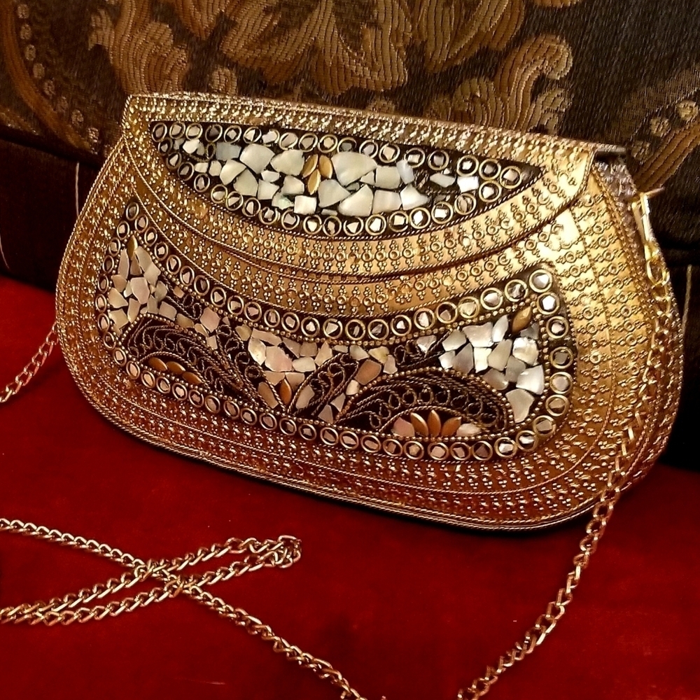 NWT Handmade Bali Genuine Abalone Shell Mosaic Gold Clutch